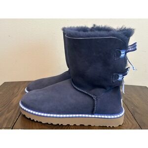 UGG‎ Classic Short Bailey Bow GINGHAM Navy Boots Women's Size 7